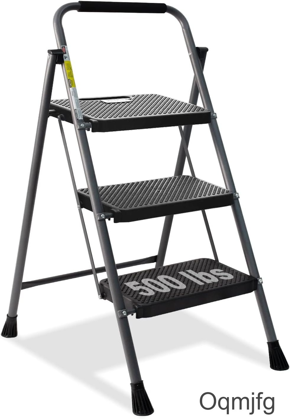 3 Step Ladder, Oqmjfg Folding Step Stool with Anti-Slip Wide Pedal & Convenient Handgrip, 500lbs Capacity Steel Ladder for Household and Office, Grey